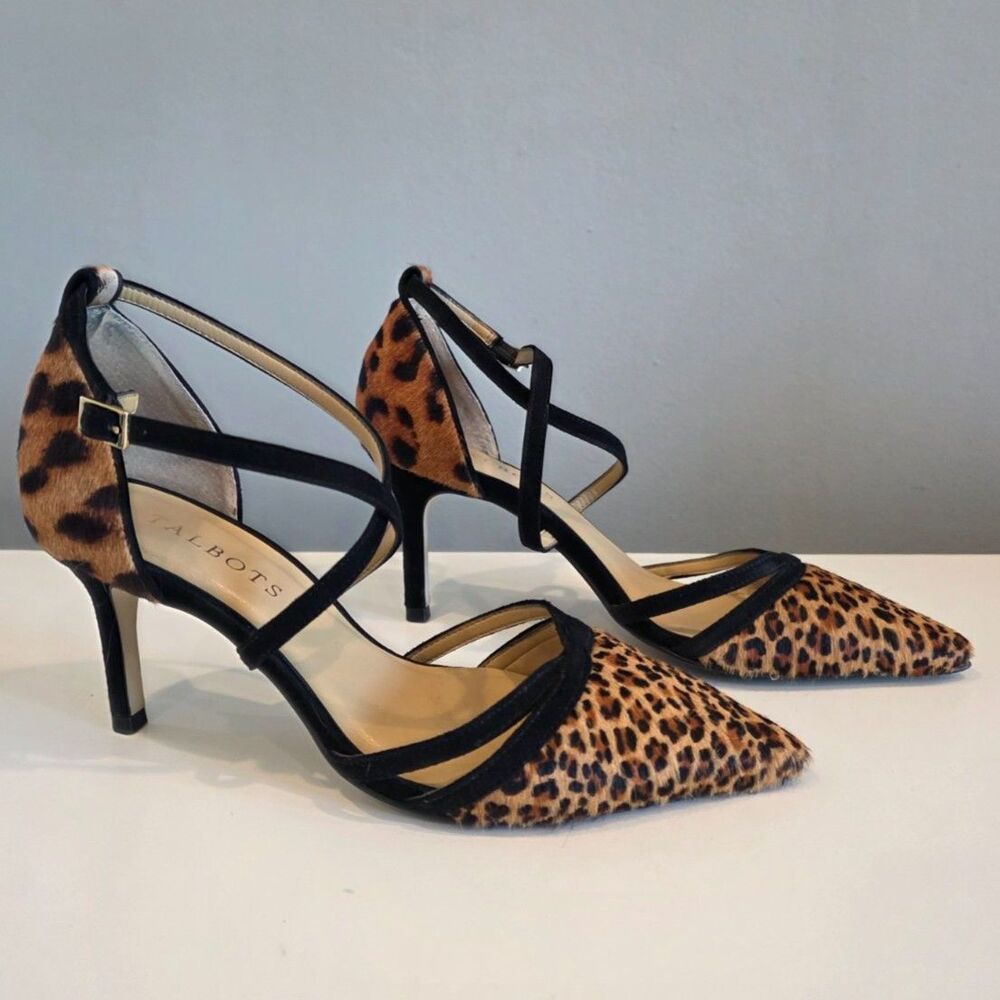 Talbots Leather Strappy Pointed Toe Leopard Print Heels Size 6 EUC